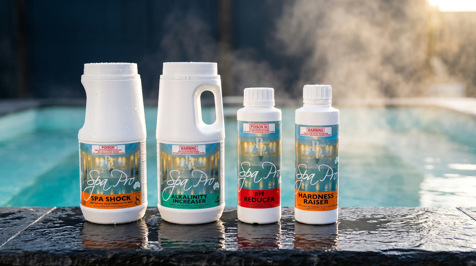 Spa water care products beside clear spa water