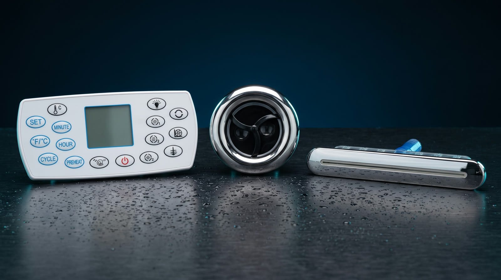 Stainless spa jets, waterfall fitting and touchpad