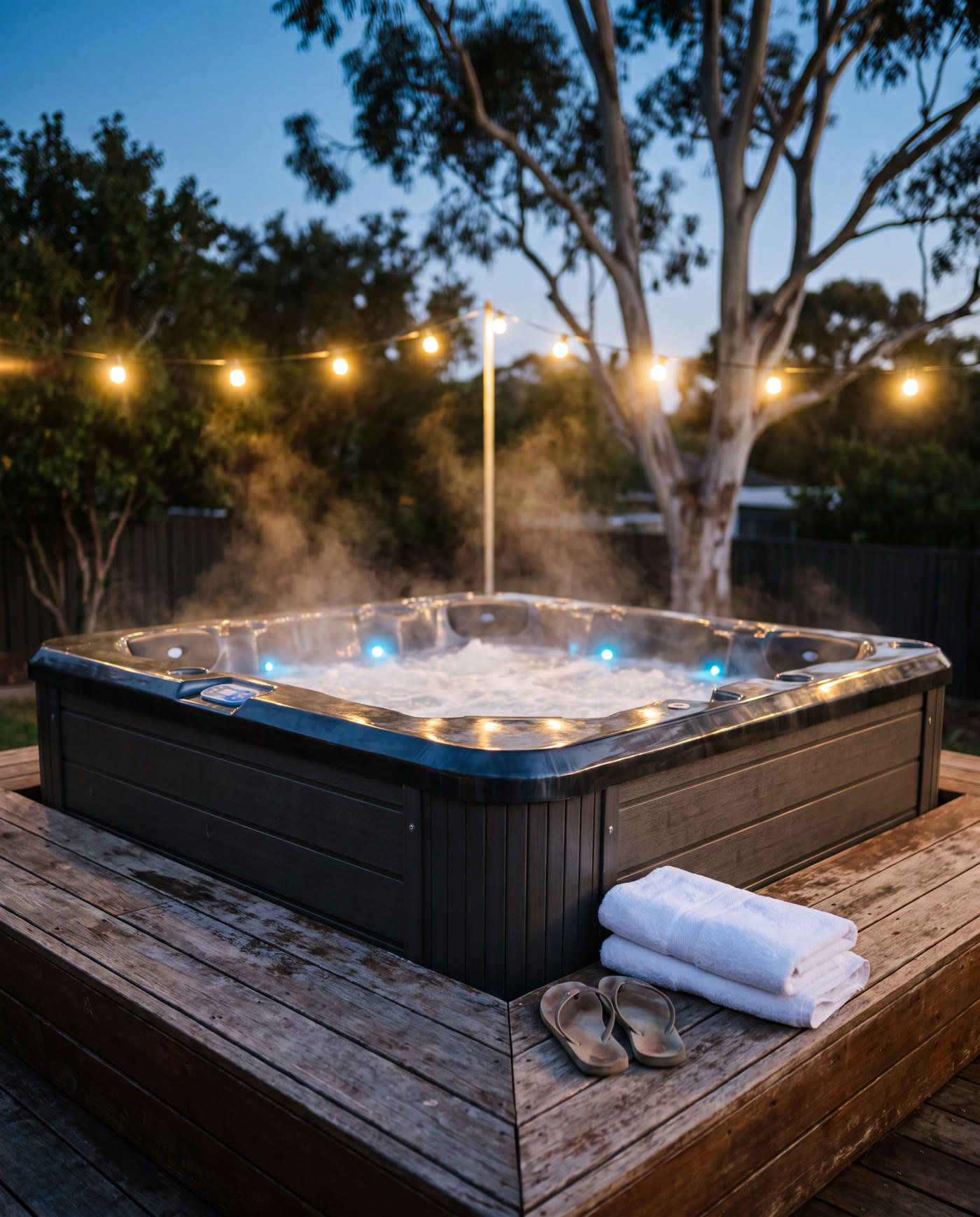 Steaming spa on a timber deck at dusk with festoon lights and towels on the edge