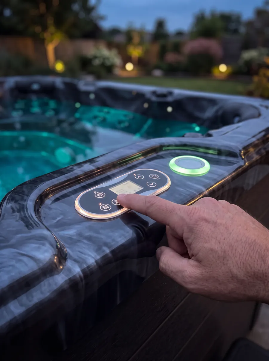 A finger pressing a button on the illuminated topside control panel on the rim of the spa at dusk.