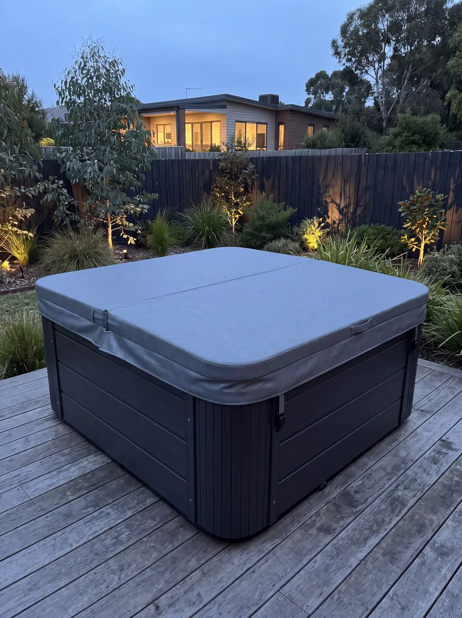 The spa on a timber deck at dusk with its insulated hardcover closed and strapped down.