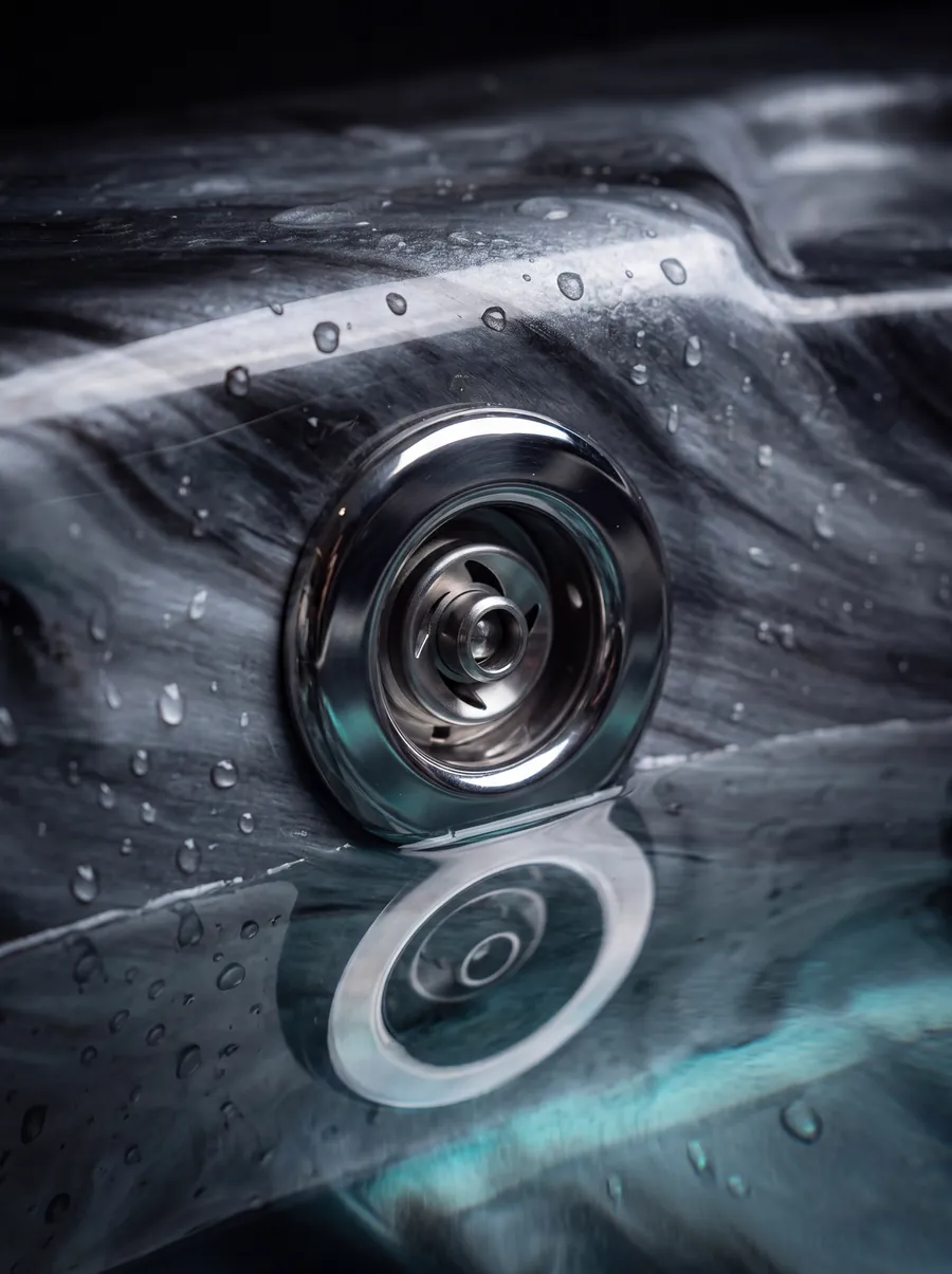 Macro view of a single chrome-faced hydrotherapy jet set into the marbled Black Opal shell, water beaded on the surface.