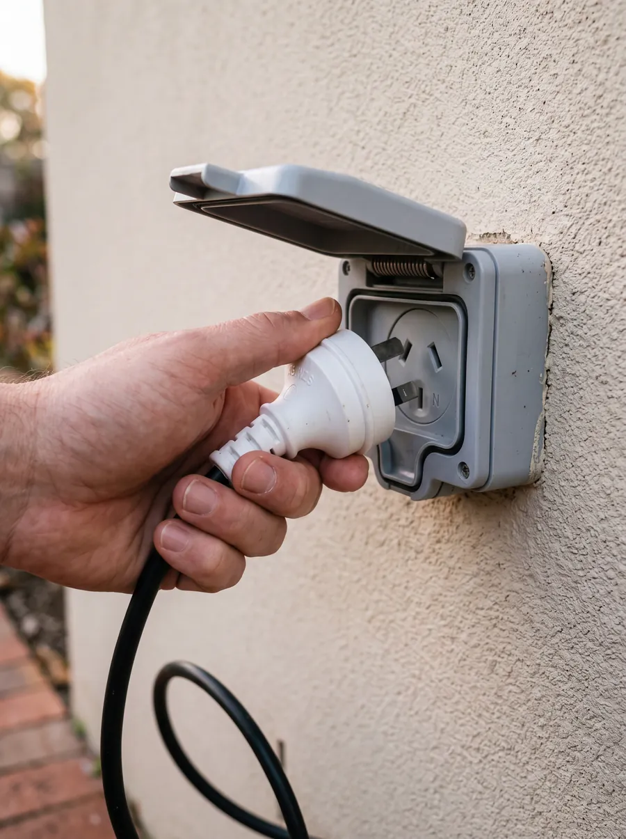 A hand plugging the spa lead into a standard Australian outdoor power point on a house wall.