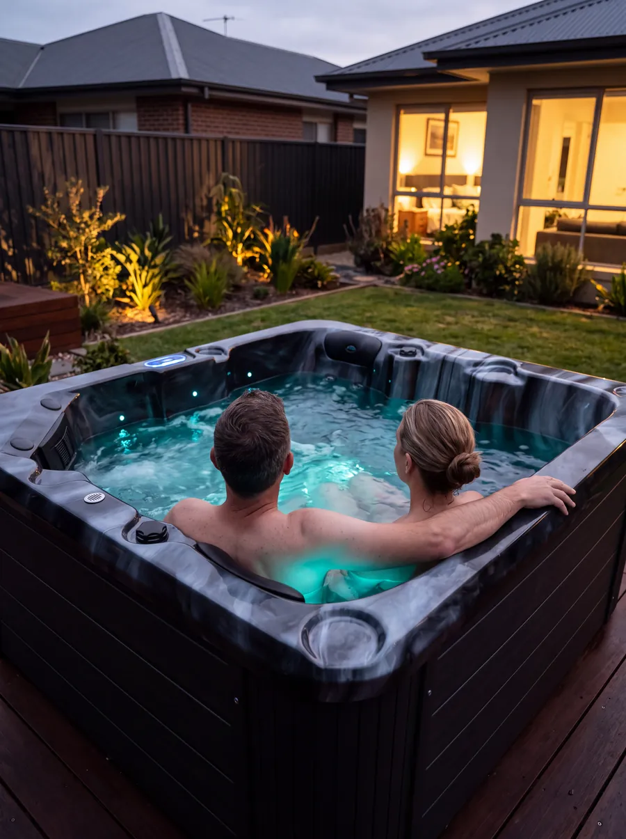 Two people relaxing in the Reef Deluxe Spa in a landscaped backyard at dusk, seen from behind.