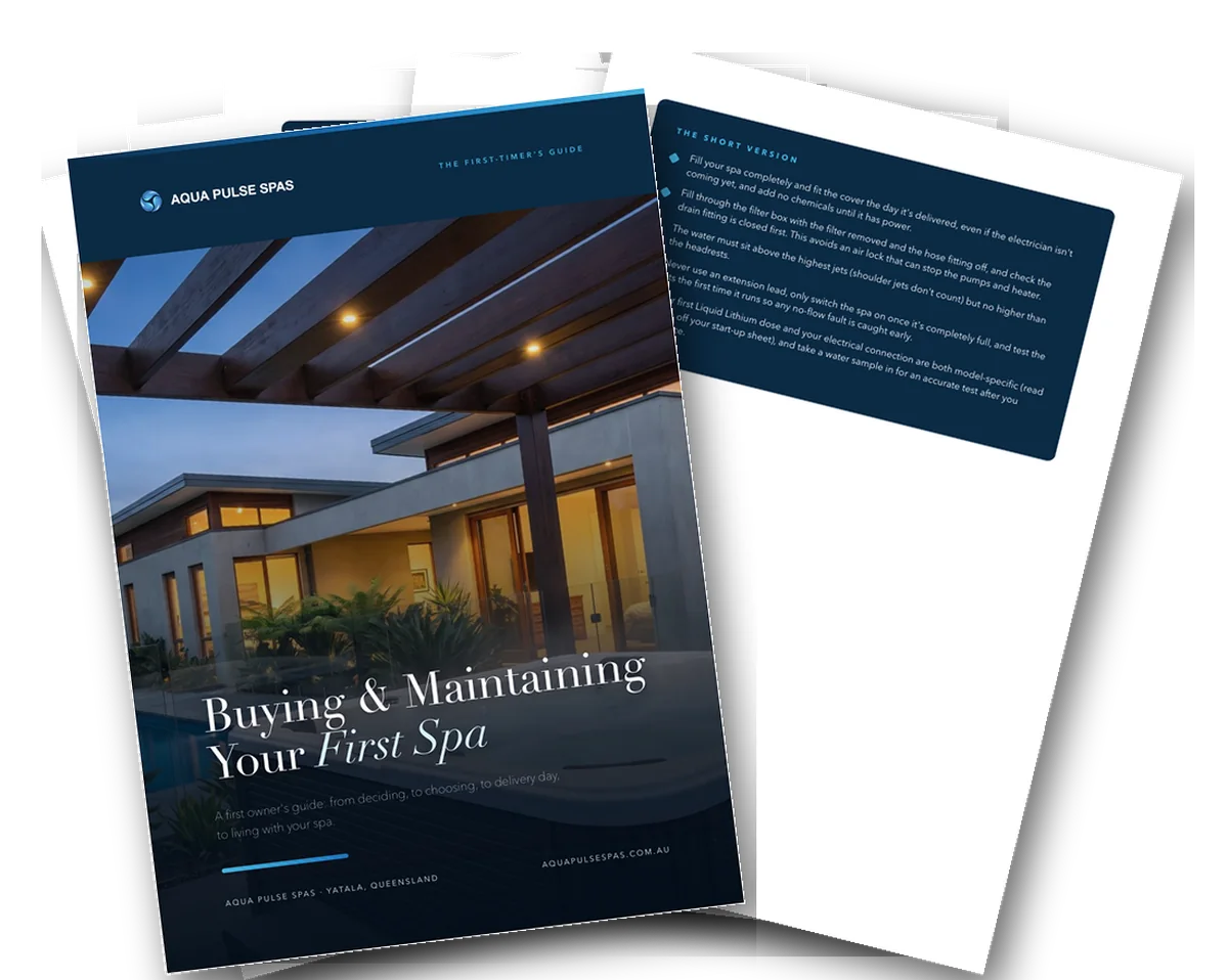 The Aqua Pulse Spas guide, Buying and Maintaining Your First Spa, with its chapter pages fanned out behind the cover.