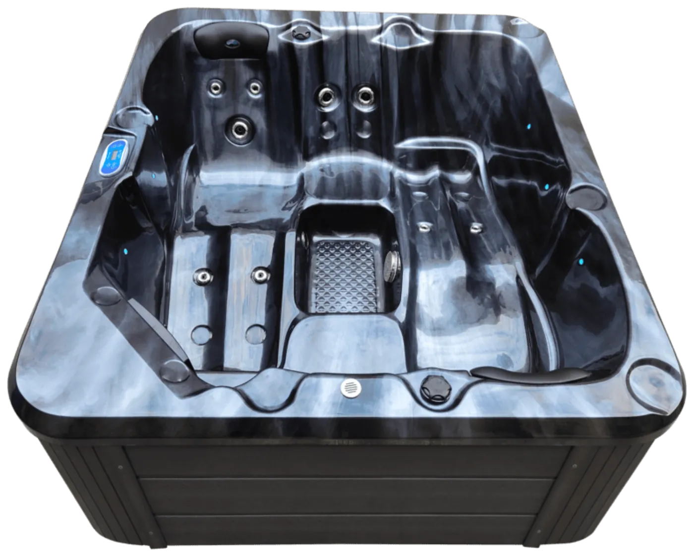 Reef Deluxe Spa in the Black Opal shell, seen from above and to one side.